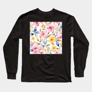 Light Pink and Yellow Flowers Pattern on White Long Sleeve T-Shirt